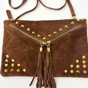 Vintage Genuine Leather Suede Crossbody with Gold Toned Studs